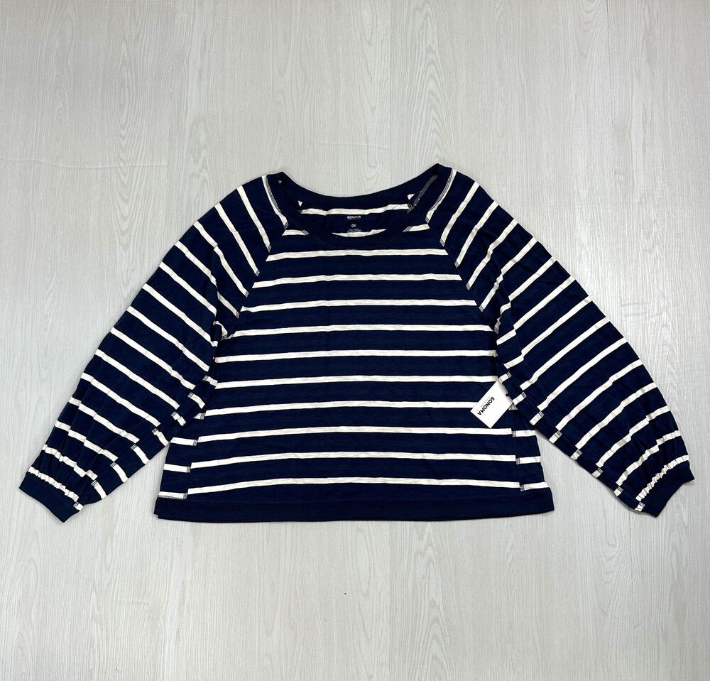 Sonoma Goods For Life Top Women's 0X Navy Blue White Striped Raglan Sleeve NWT